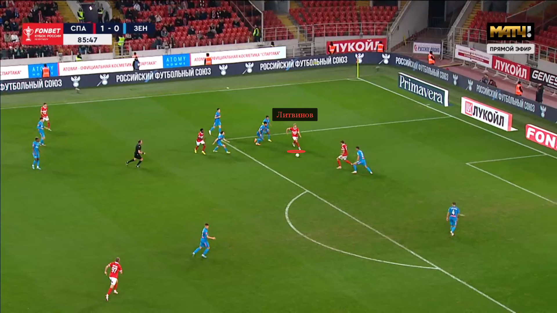 Литвинов включился в финальную треть, откуда ассистировал Соболеву под второй мяч «Спартака»