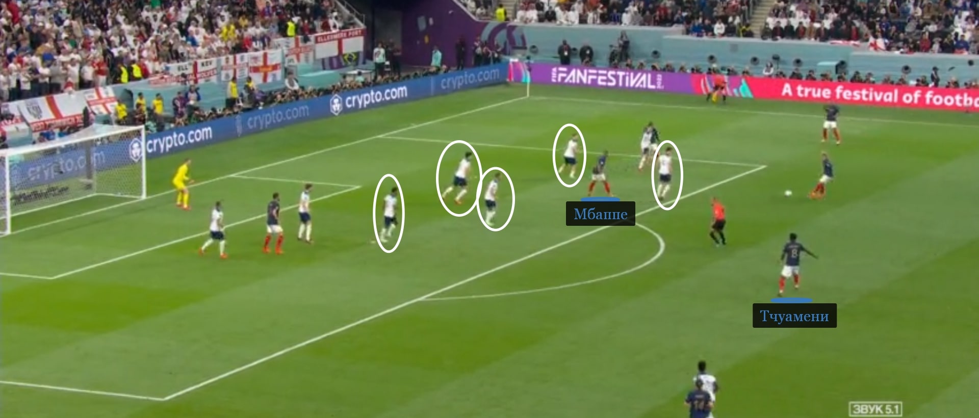 Встречать Тчуамени некому. Все англичане вжались в штрафную из-за Мбаппе