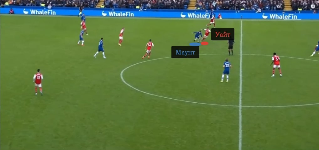 Уайт преследует Маунта, который опустился за мячом в среднюю треть поля