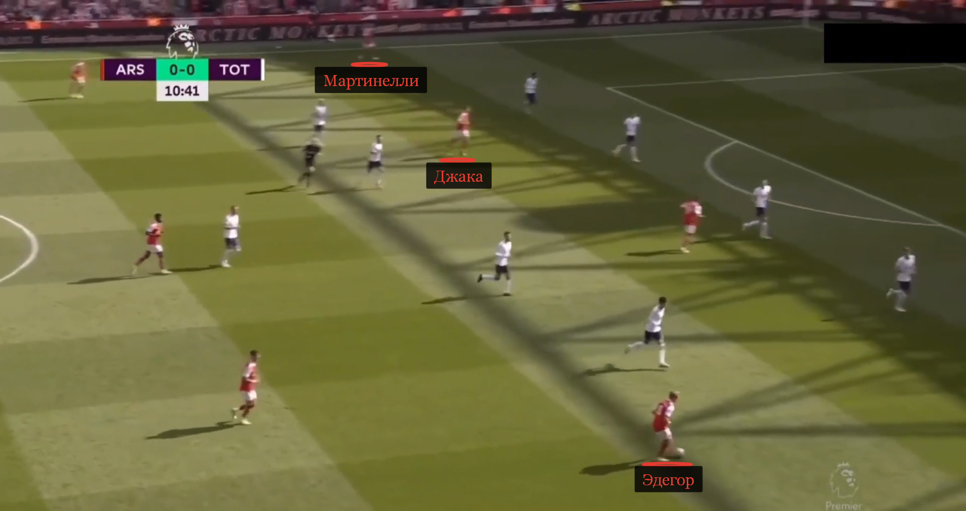 Расположение игроков в атаке «Арсенала». Мартинелли держится широко, Джака нацелен на рывок в штрафную, Эдегор действует глубже Гранита