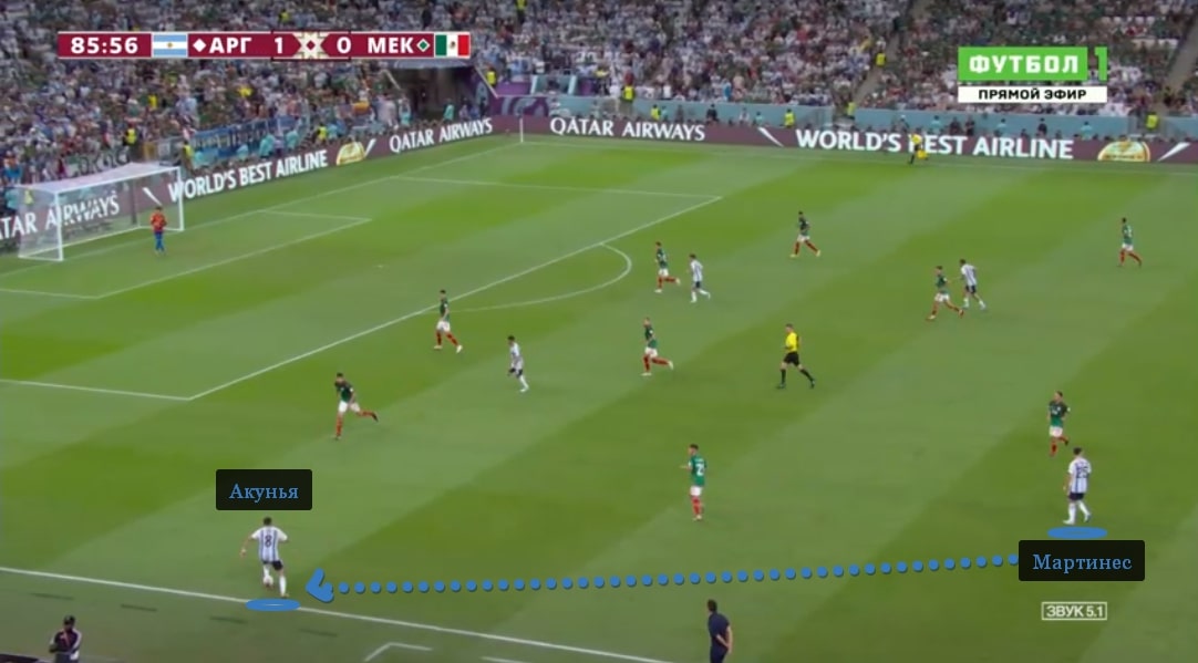 На старте второй голевой атаки Мартинес отпасовал на Акунью, который принял мяч высоко на левом фланге