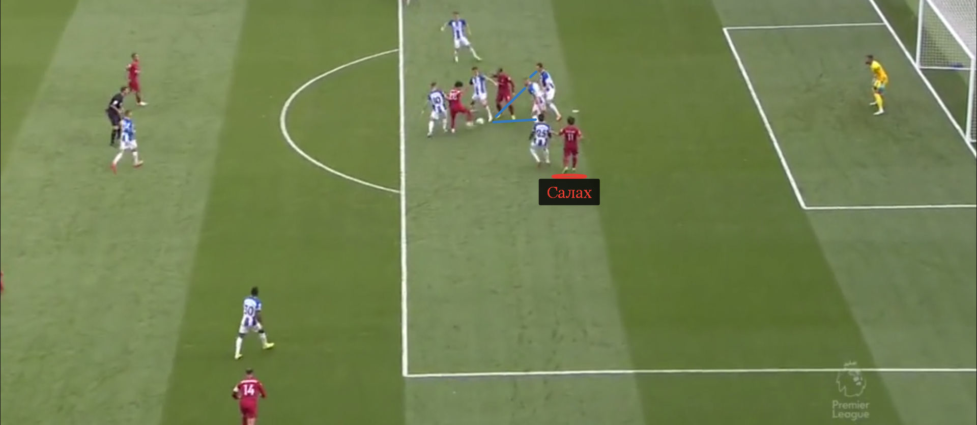 Защитники «Брайтона» сосредоточились на Тренте, так что Салах свободно открылся за спину