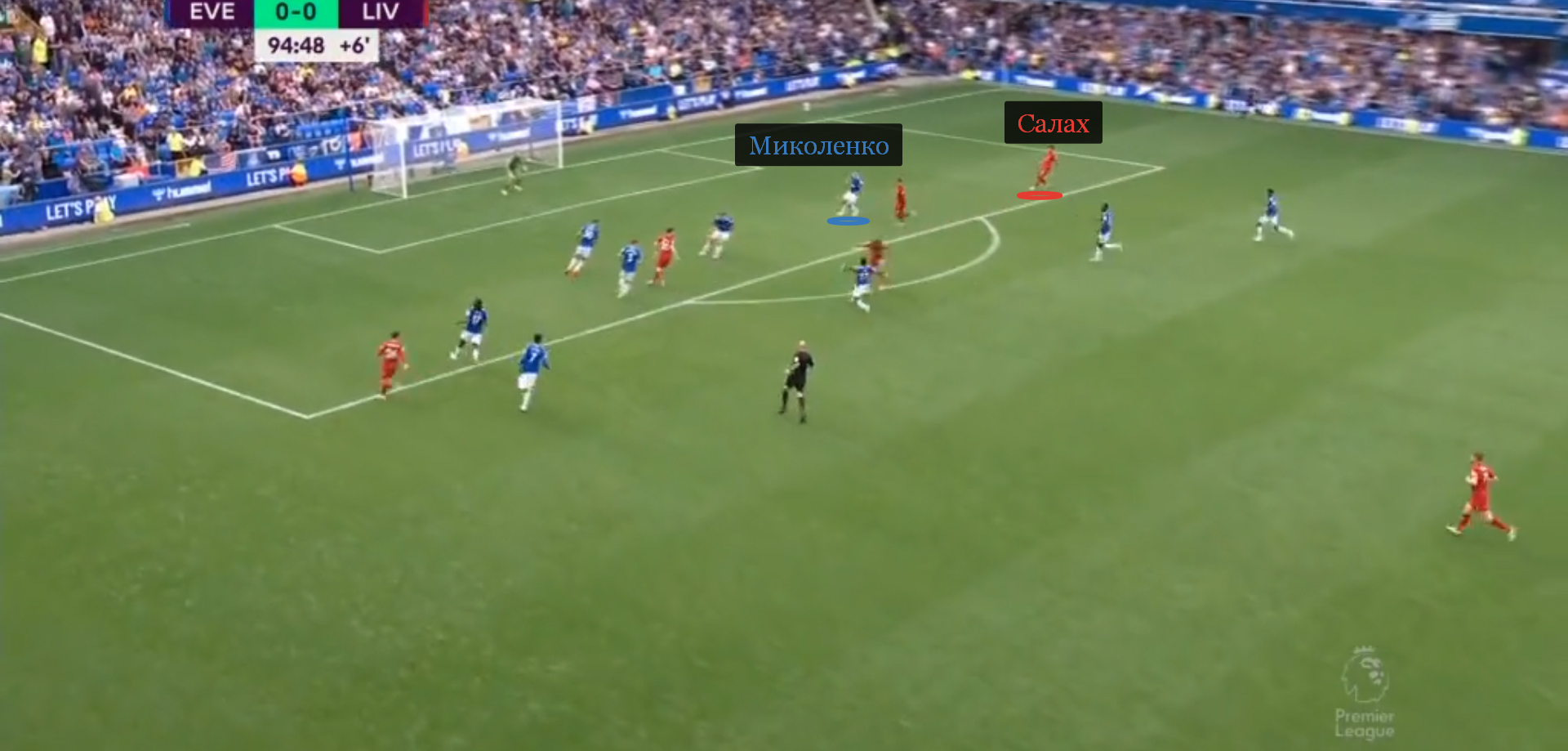 Салах заметил, что Миколенко сместился к центру, и открылся в правом полуфланге для удар